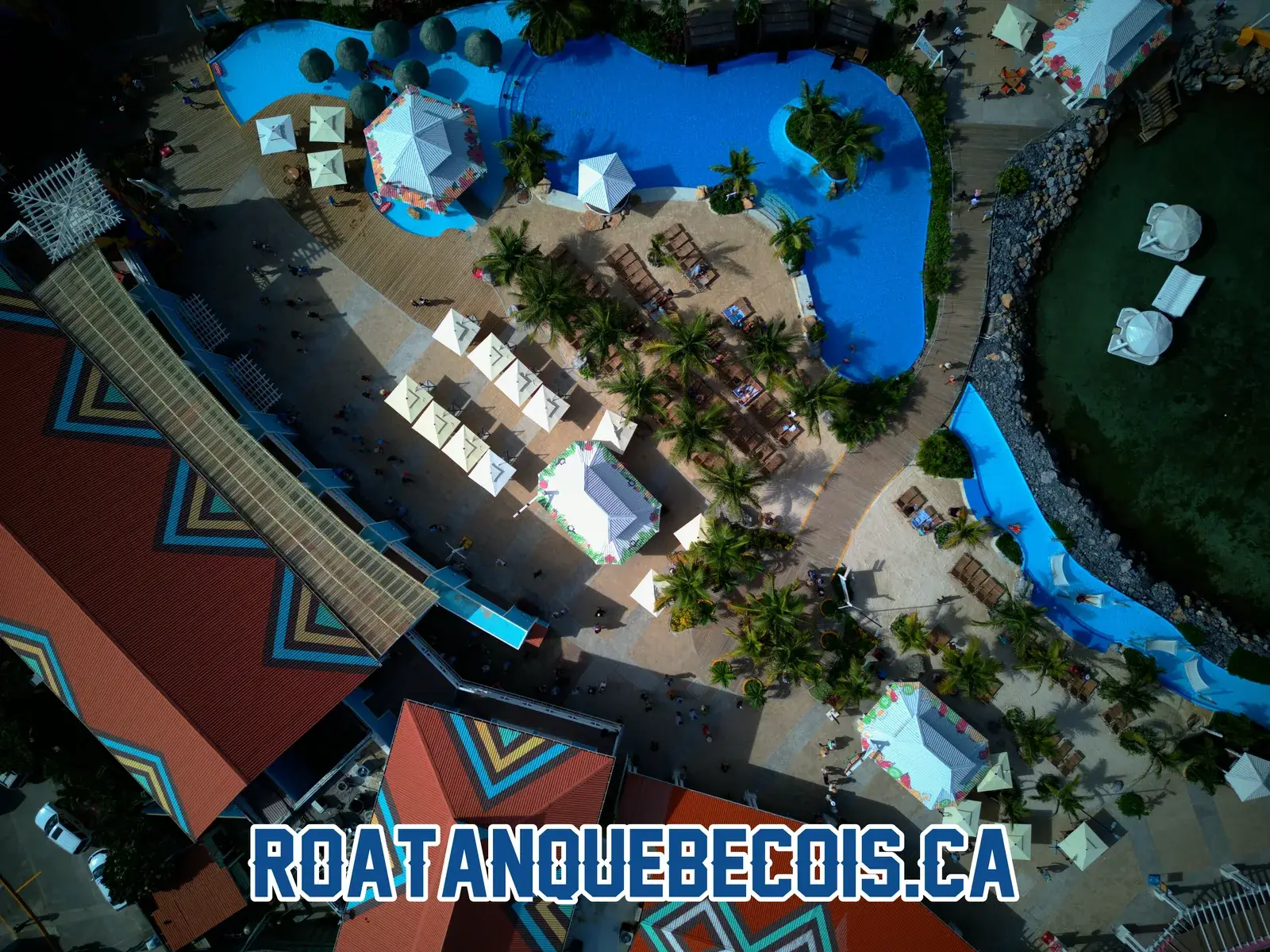 The pool, the cabanas and the sun terrace at the Port of Roatán terminal, seen straight down