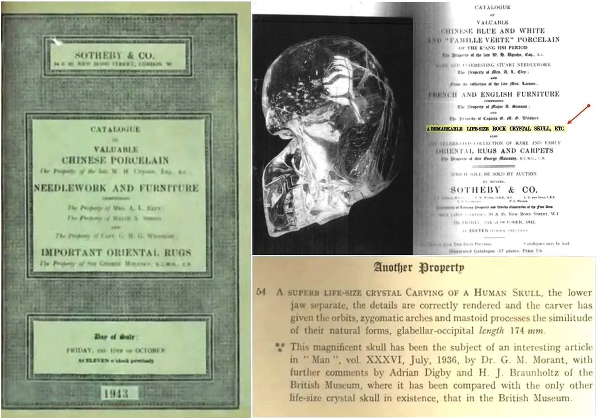 La page du catalogue Sotheby's du 15 octobre 1943 : la couverture, la photo du crâne, et la description du lot 54