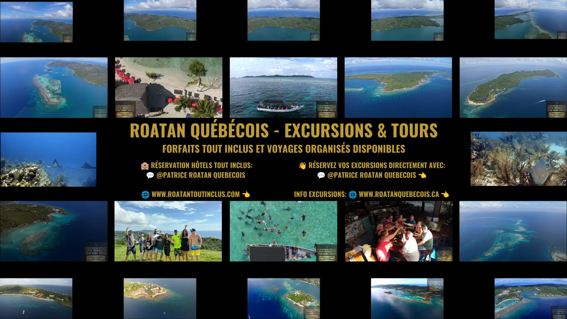 Mosaïque de photos de Roatán par drone et de groupes de voyageurs, couverture du groupe Facebook Roatan Québécois — Excursions et Tours