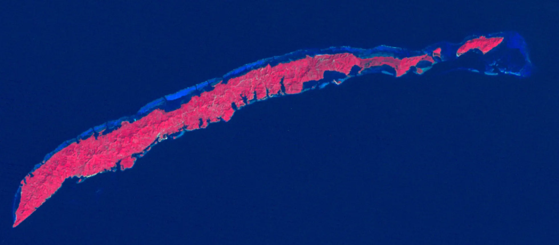 Roatán vue par Landsat 1 le 19 décembre 1973, en fausse couleur infrarouge : l'île forme un bloc rouge continu, presque sans interruption