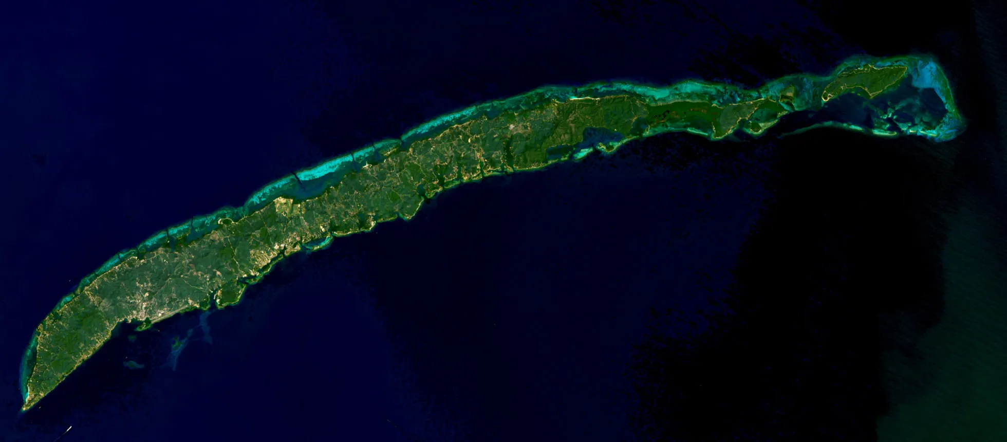 Roatán vue par Landsat 8 le 23 février 2016 : le bâti pâle est déjà installé sur la côte ouest, l'est de l'île reste boisé