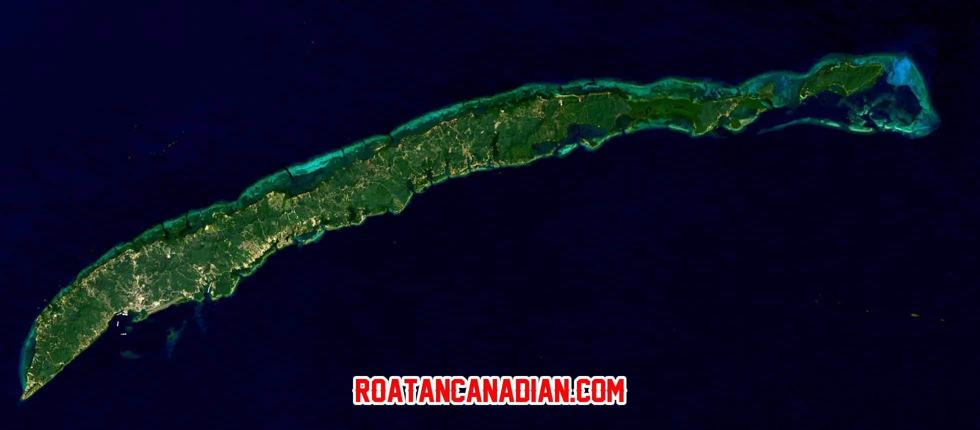 Roatán from space, seen by Landsat 8 on February 18, 2026: the whole island, its turquoise reef and the pale built-up land along the coasts