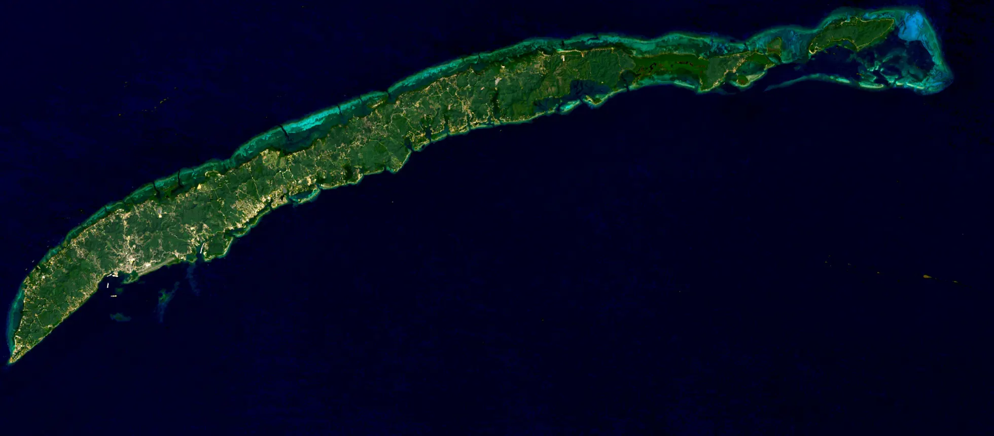 Roatán vue par Landsat 8 le 18 février 2026, mêmes couleurs naturelles : le bâti pâle court le long de la côte sud et de la pointe ouest