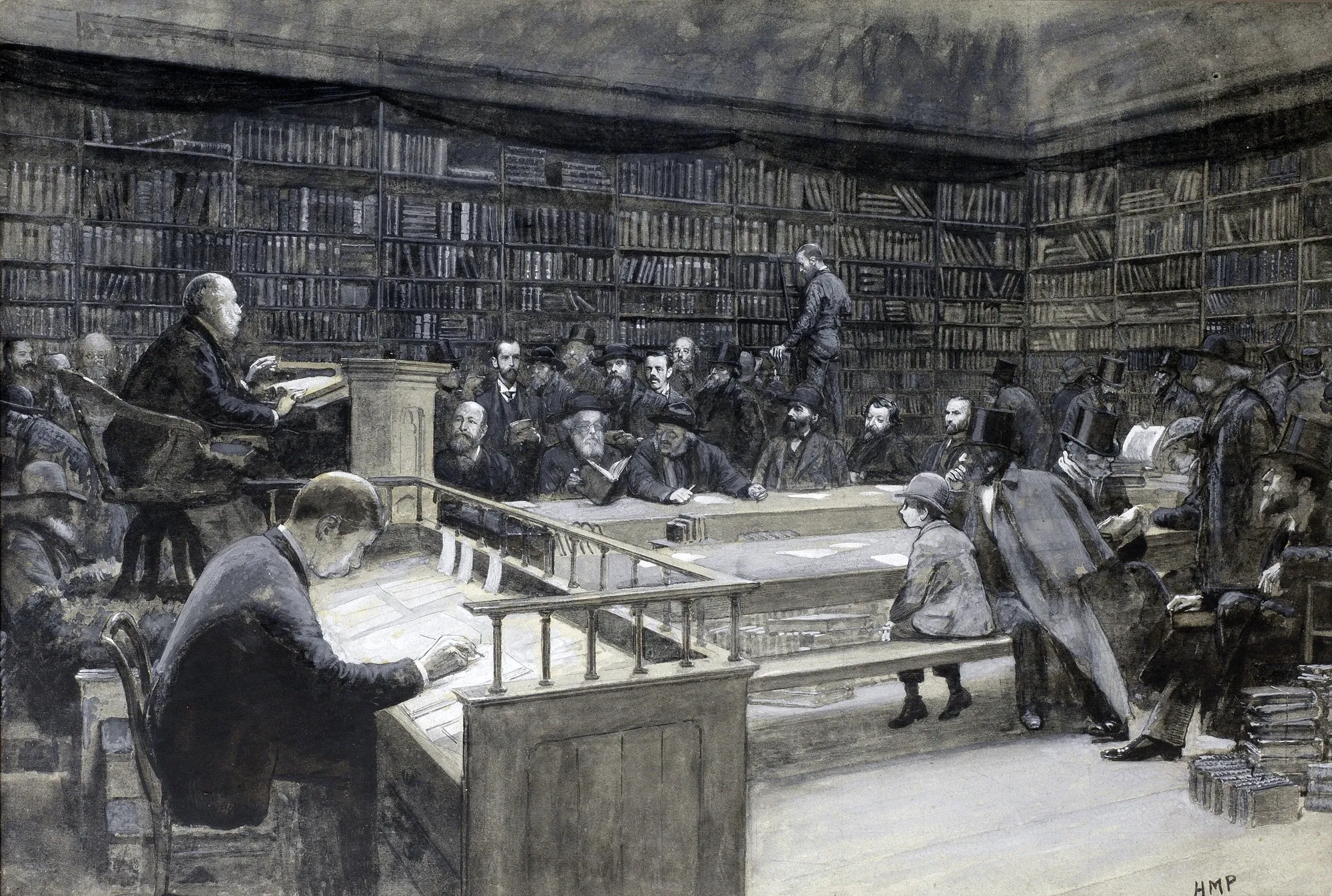 Une vente aux enchères chez Sotheby's en 1888 : le commissaire-priseur à son pupitre, le clerc, les acheteurs en haut-de-forme