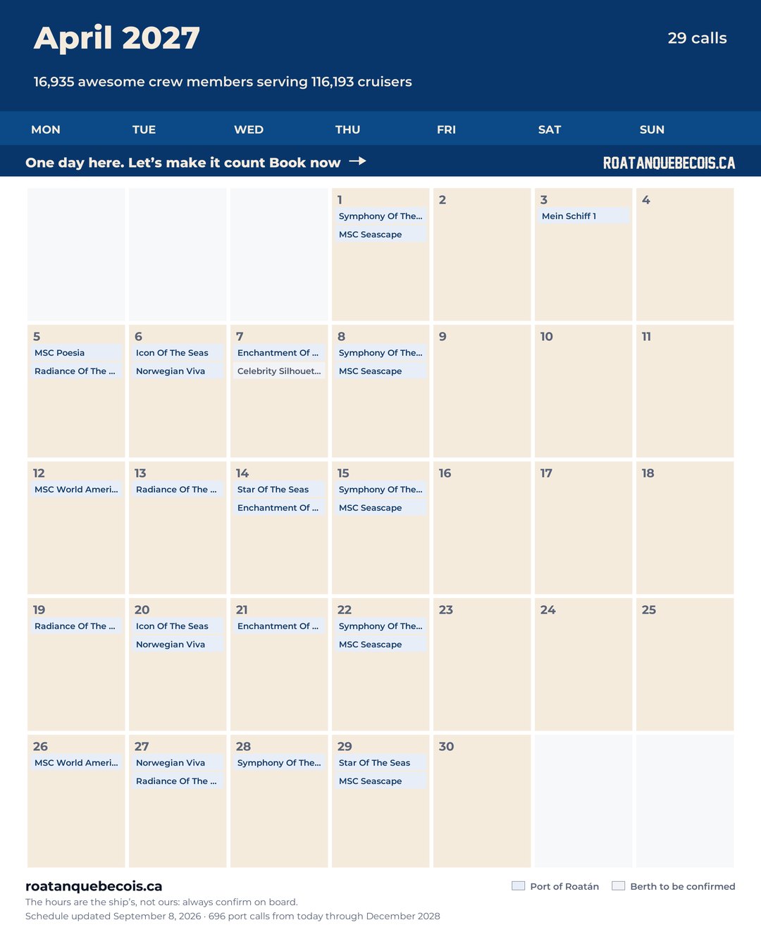 Port of Roatán cruise ship calendar for April 2027: every call, ship by ship and berth by berth