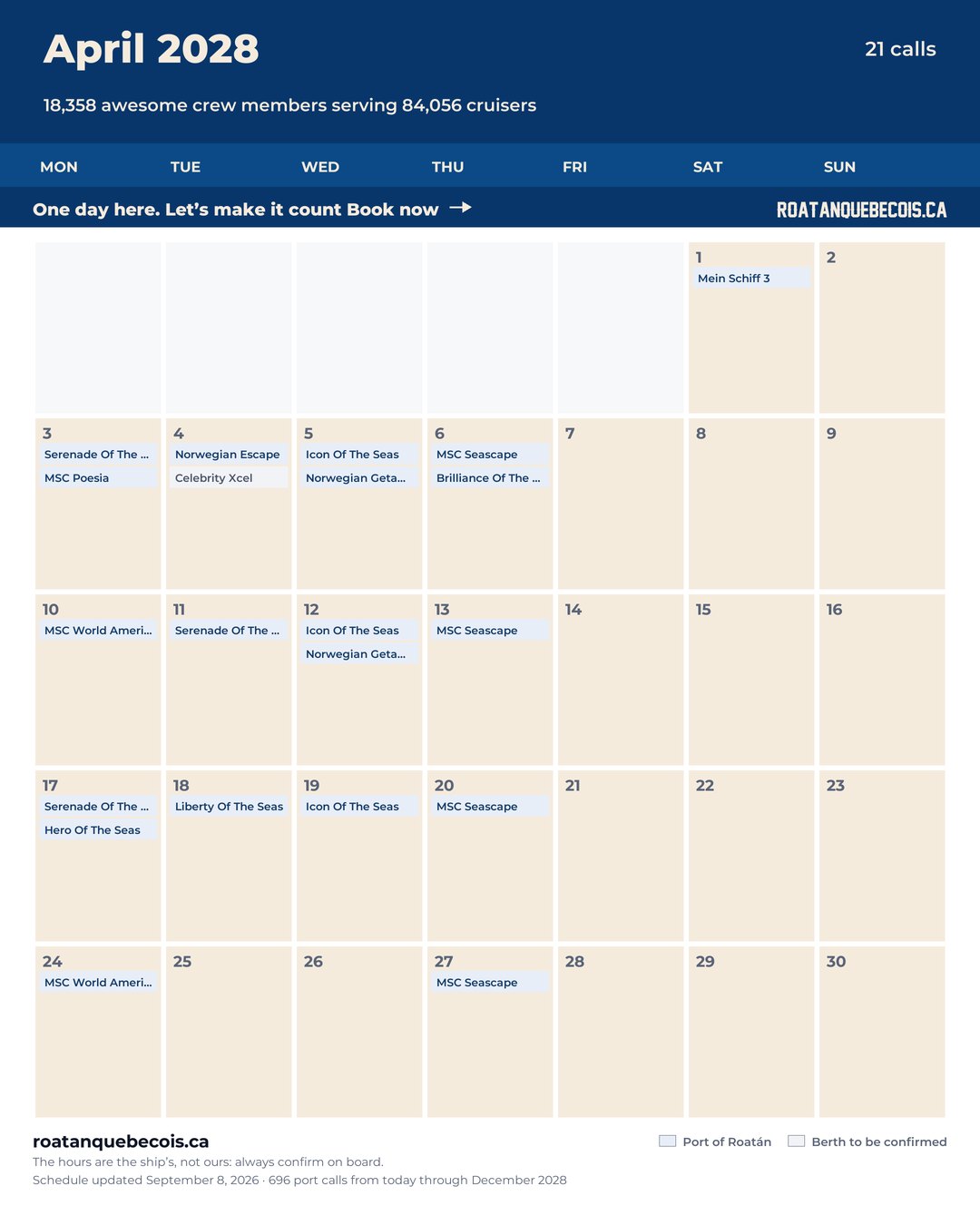 Port of Roatán cruise ship calendar for April 2028: every call, ship by ship and berth by berth