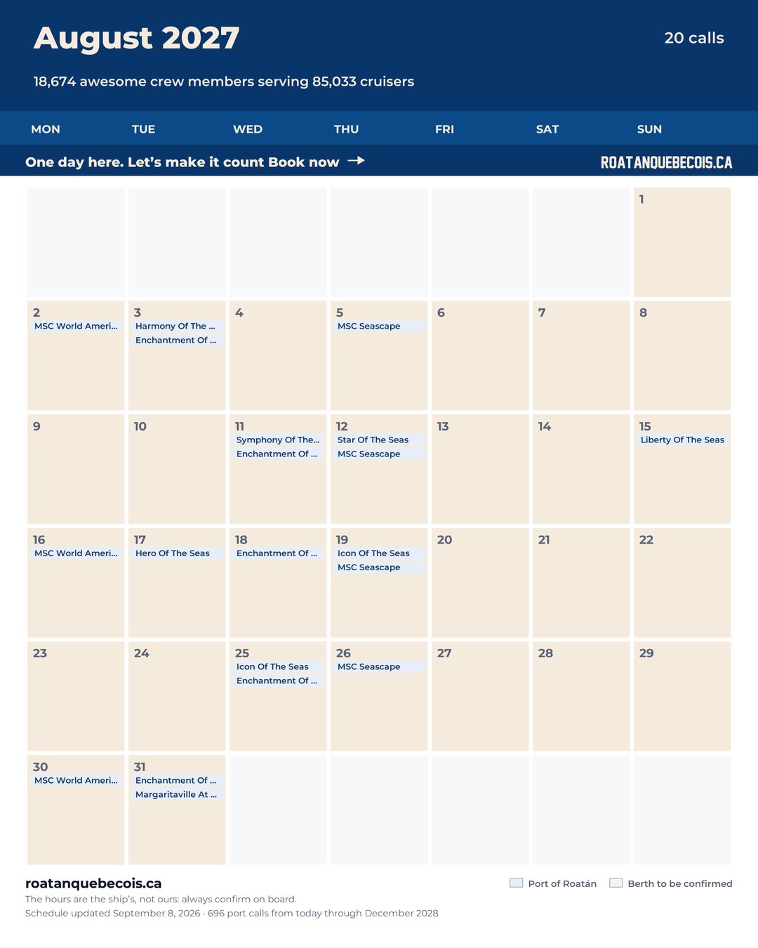 Port of Roatán cruise ship calendar for August 2027: every call, ship by ship and berth by berth