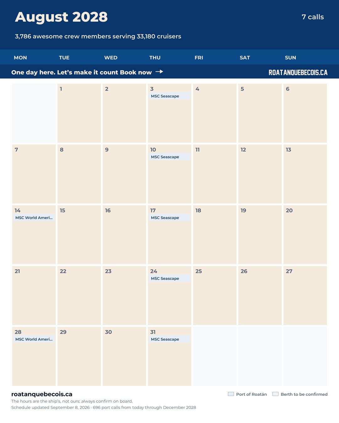 Port of Roatán cruise ship calendar for August 2028: every call, ship by ship and berth by berth
