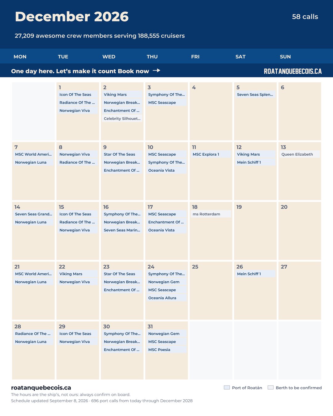 Port of Roatán cruise ship calendar for December 2026: every call, ship by ship and berth by berth
