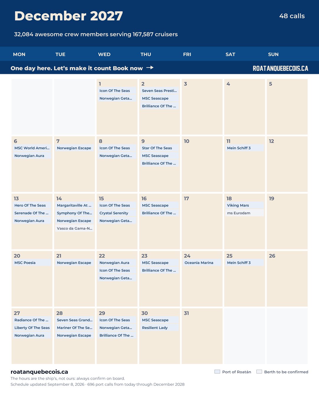 Port of Roatán cruise ship calendar for December 2027: every call, ship by ship and berth by berth