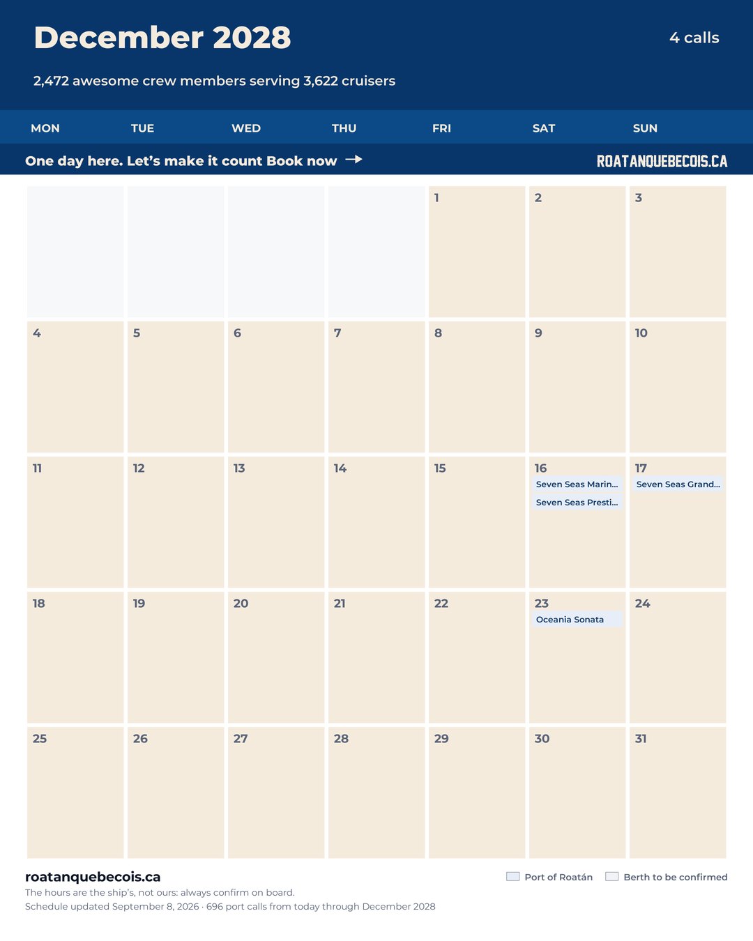 Port of Roatán cruise ship calendar for December 2028: every call, ship by ship and berth by berth
