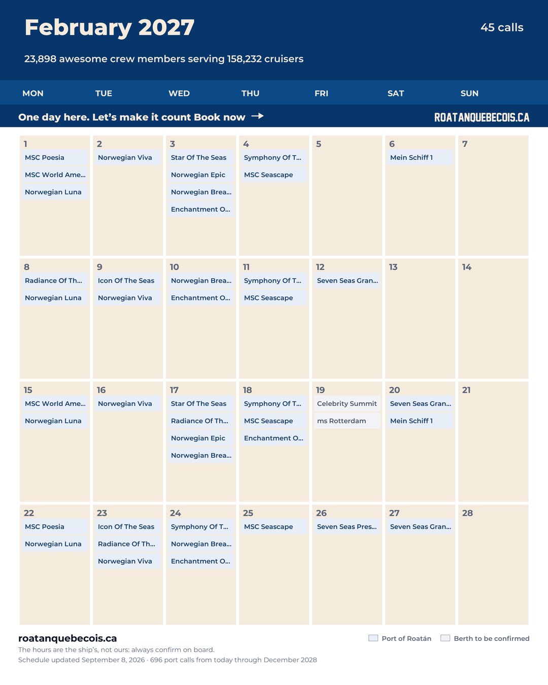 Port of Roatán cruise ship calendar for February 2027: every call, ship by ship and berth by berth