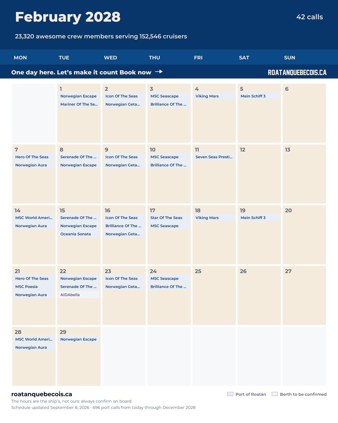 Port of Roatán cruise ship calendar for February 2028: every call, ship by ship and berth by berth