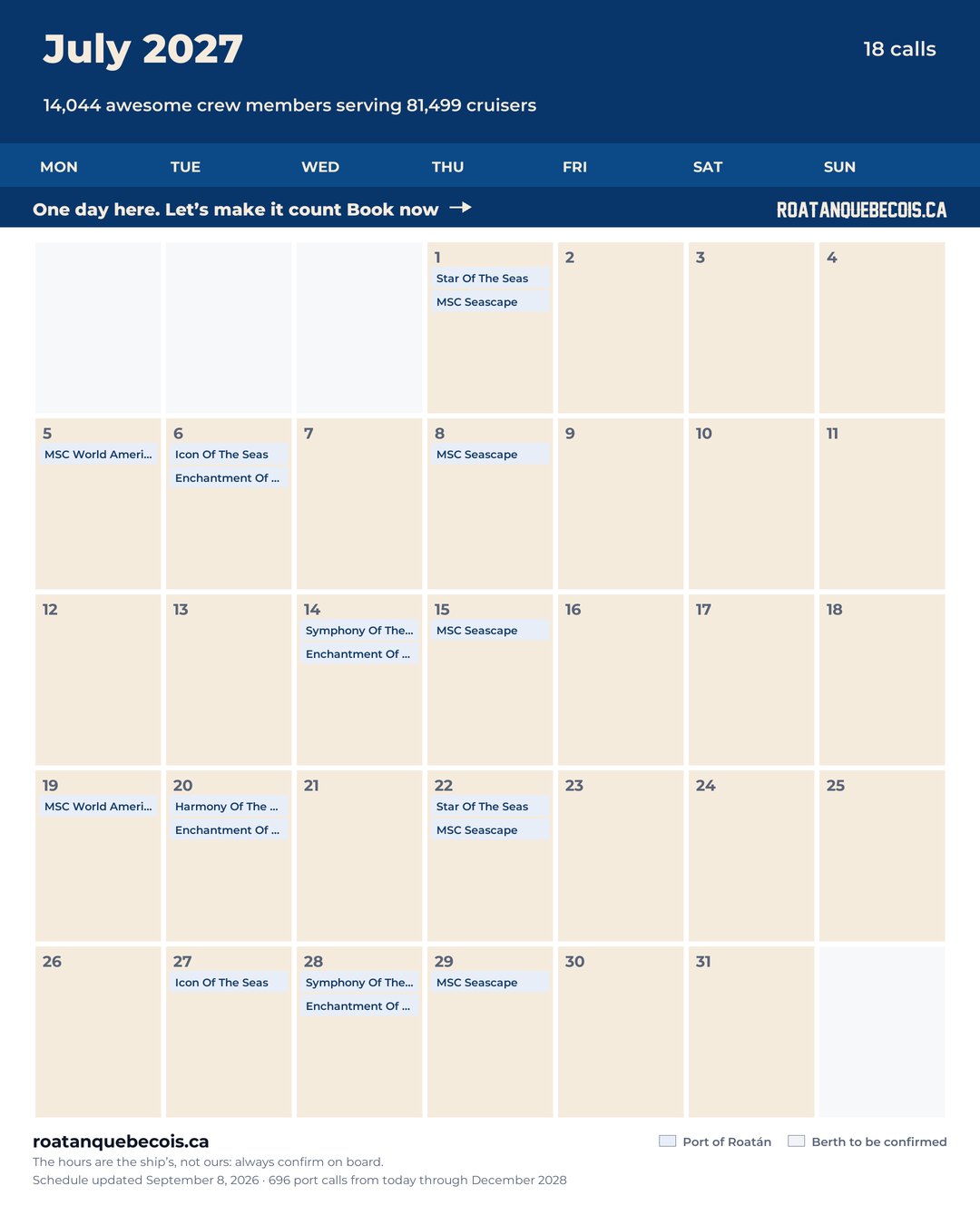 Port of Roatán cruise ship calendar for July 2027: every call, ship by ship and berth by berth