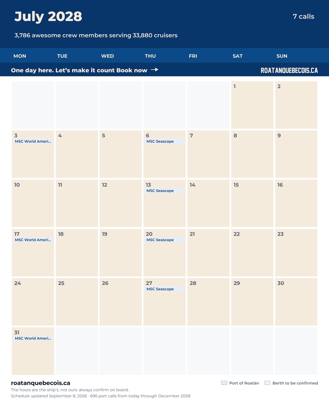 Port of Roatán cruise ship calendar for July 2028: every call, ship by ship and berth by berth