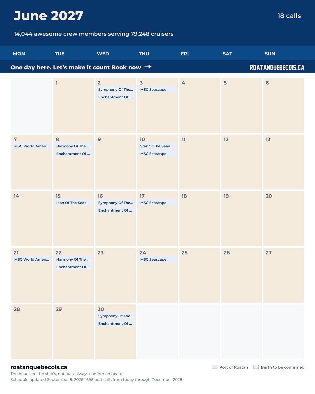 Port of Roatán cruise ship calendar for June 2027: every call, ship by ship and berth by berth