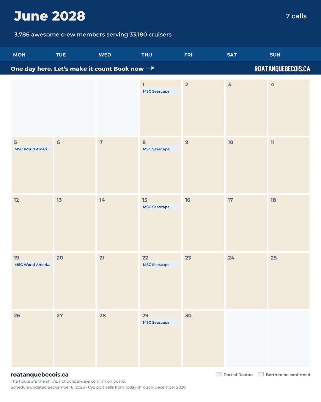 Port of Roatán cruise ship calendar for June 2028: every call, ship by ship and berth by berth