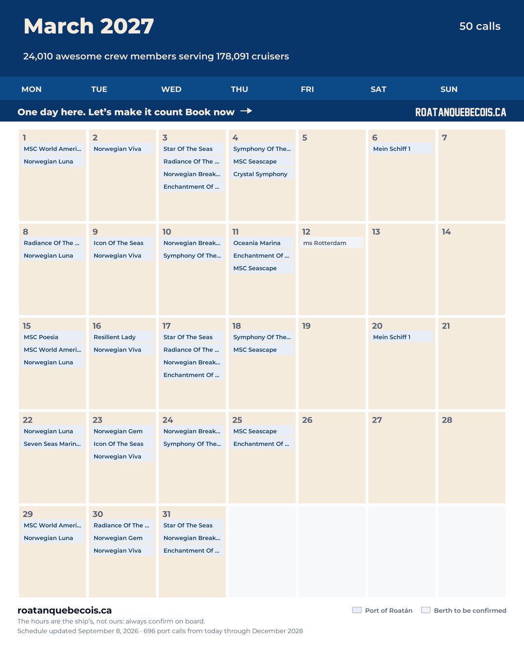 Port of Roatán cruise ship calendar for March 2027: every call, ship by ship and berth by berth