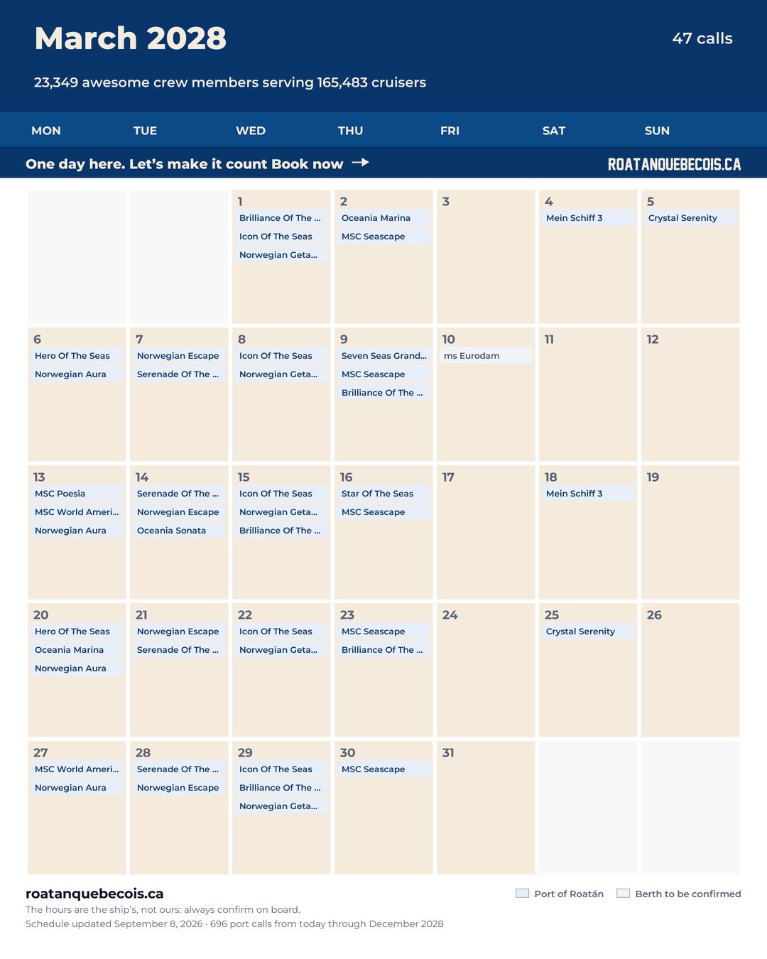 Port of Roatán cruise ship calendar for March 2028: every call, ship by ship and berth by berth