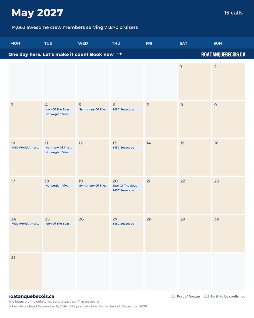 Port of Roatán cruise ship calendar for May 2027: every call, ship by ship and berth by berth