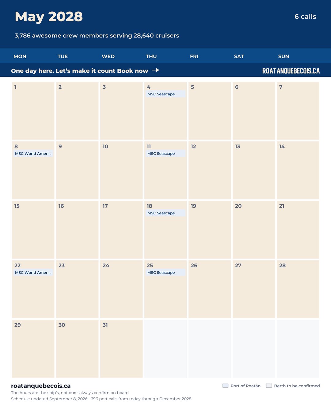 Port of Roatán cruise ship calendar for May 2028: every call, ship by ship and berth by berth