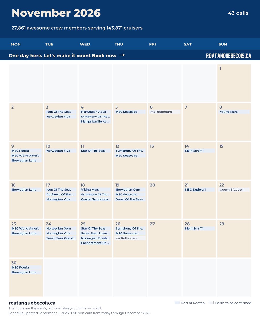 Port of Roatán cruise ship calendar for November 2026: every call, ship by ship and berth by berth