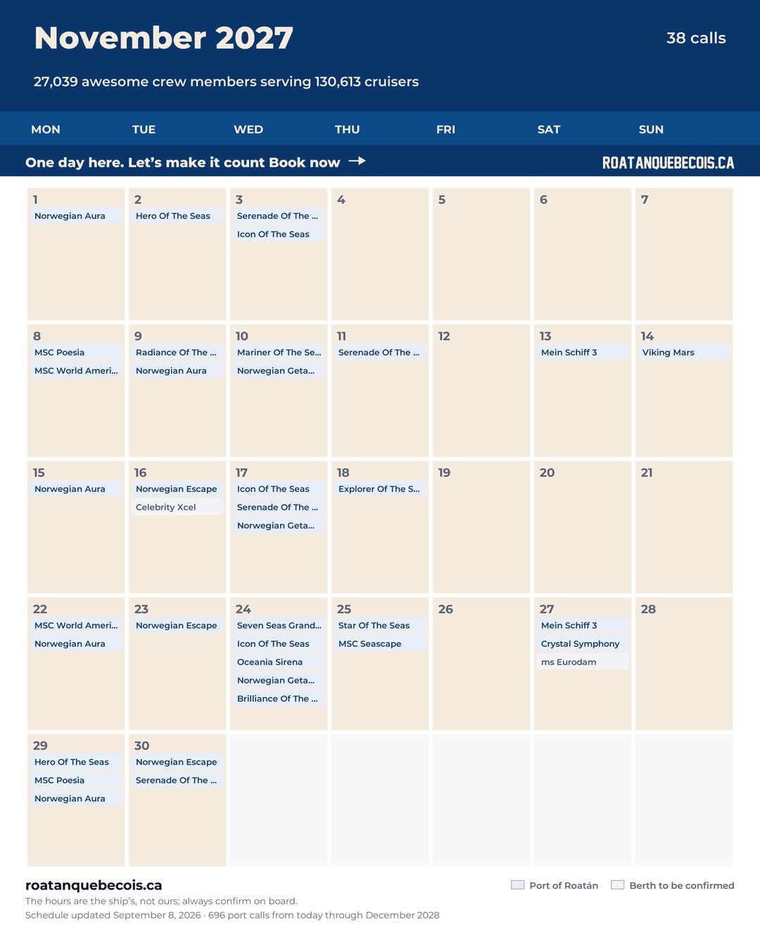 Port of Roatán cruise ship calendar for November 2027: every call, ship by ship and berth by berth