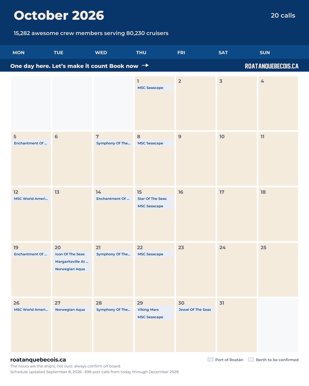 Port of Roatán cruise ship calendar for October 2026: every call, ship by ship and berth by berth