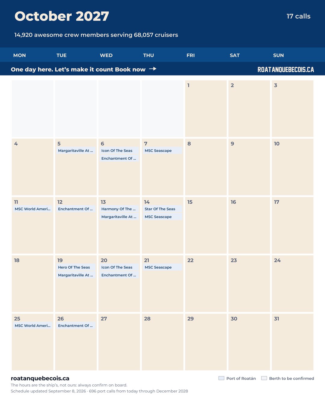 Port of Roatán cruise ship calendar for October 2027: every call, ship by ship and berth by berth