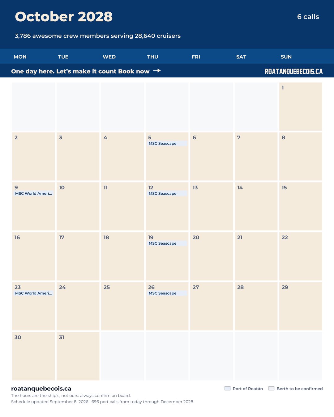 Port of Roatán cruise ship calendar for October 2028: every call, ship by ship and berth by berth