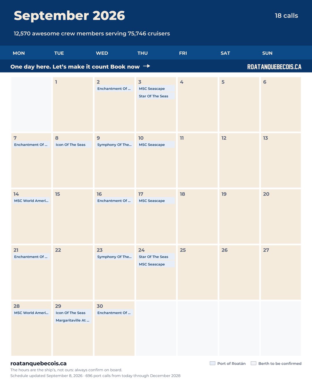 Port of Roatán cruise ship calendar for September 2026: every call, ship by ship and berth by berth