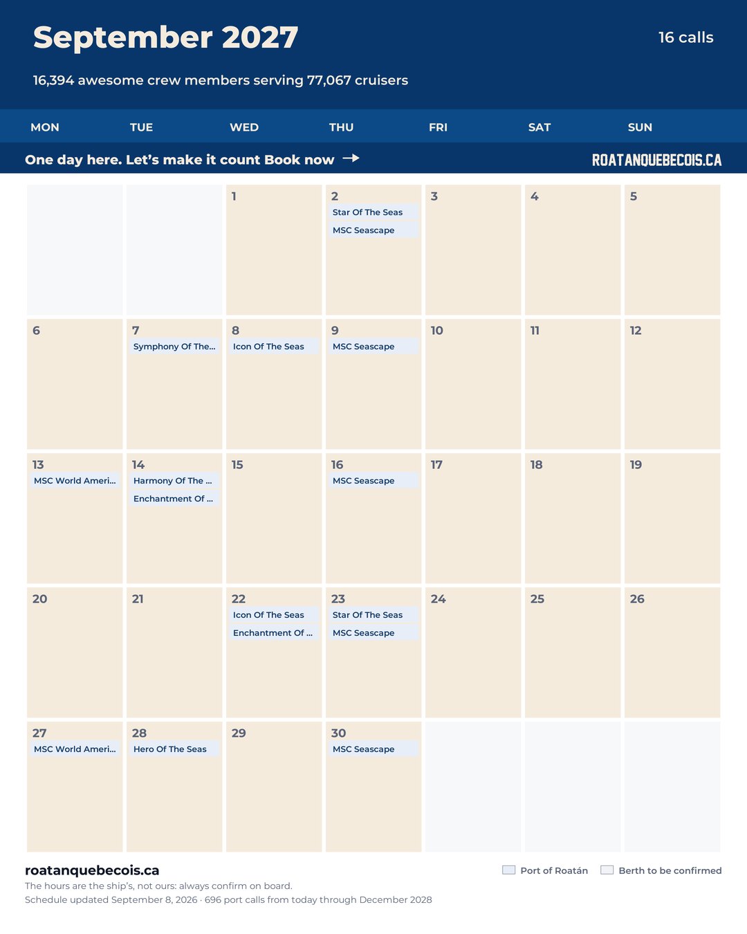 Port of Roatán cruise ship calendar for September 2027: every call, ship by ship and berth by berth