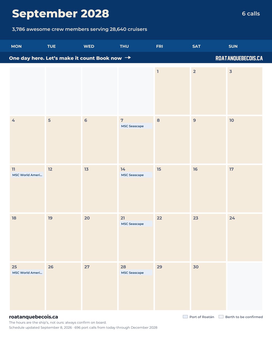 Port of Roatán cruise ship calendar for September 2028: every call, ship by ship and berth by berth