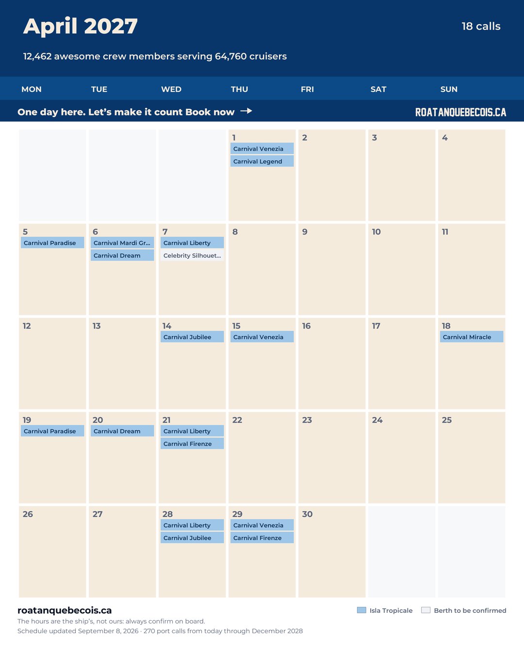 Isla Tropicale (Mahogany Bay) cruise ship calendar for April 2027: every call, ship by ship and berth by berth