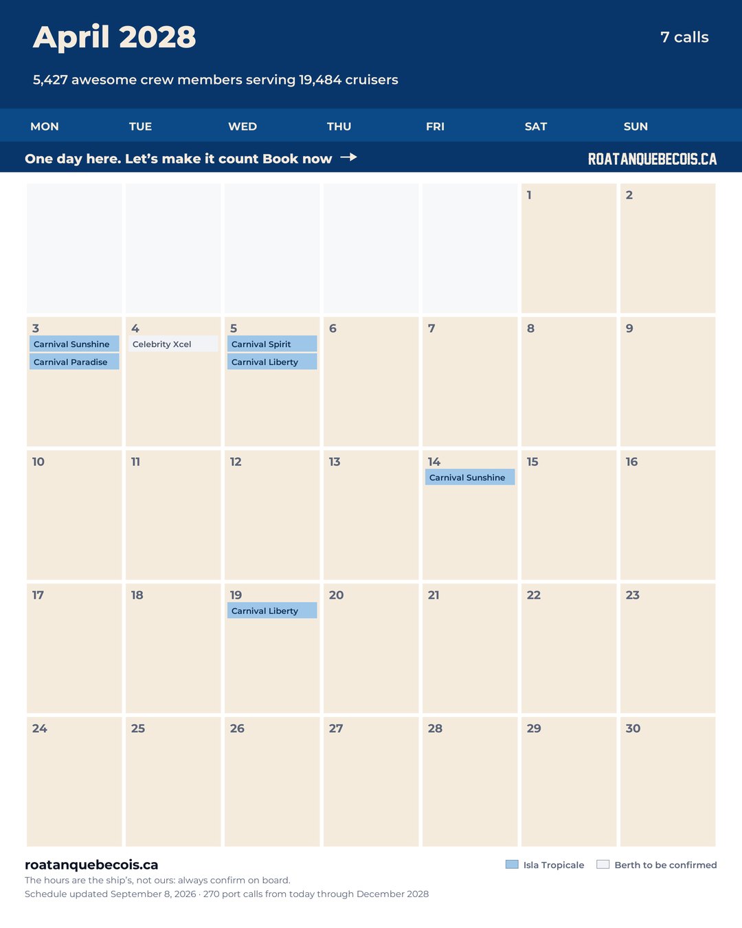 Isla Tropicale (Mahogany Bay) cruise ship calendar for April 2028: every call, ship by ship and berth by berth