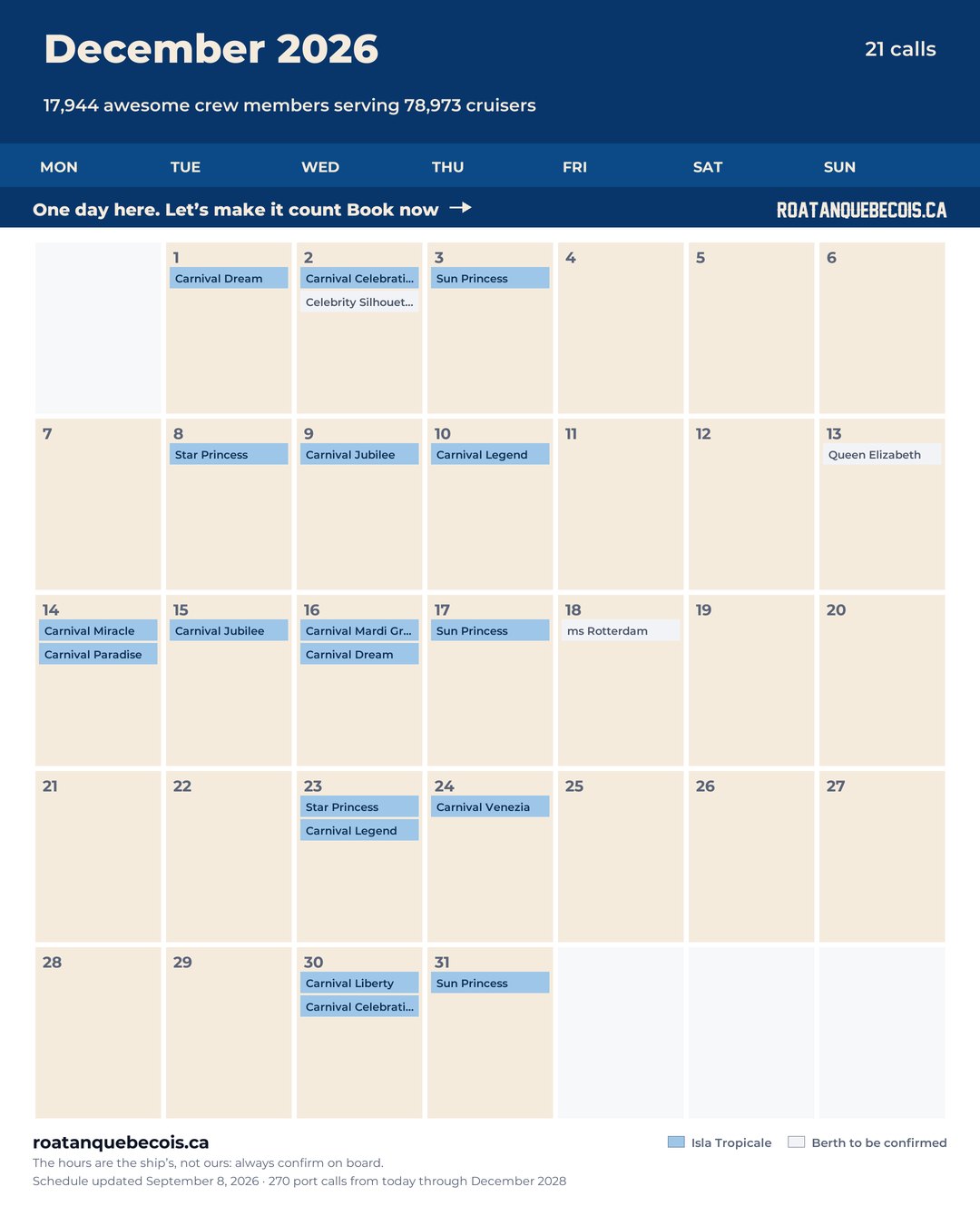 Isla Tropicale (Mahogany Bay) cruise ship calendar for December 2026: every call, ship by ship and berth by berth