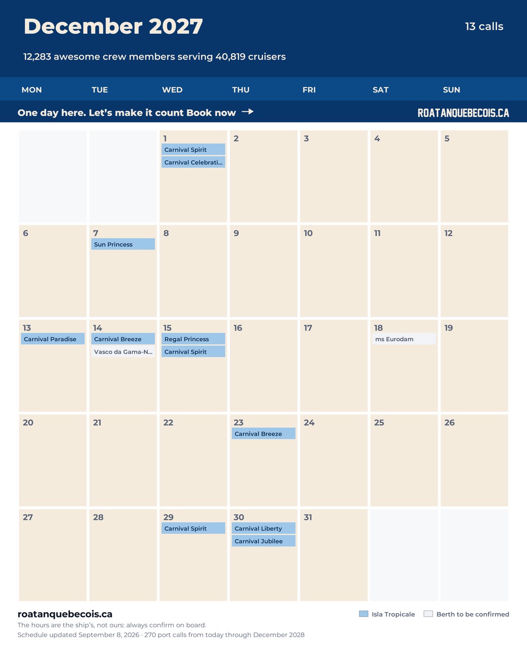 Isla Tropicale (Mahogany Bay) cruise ship calendar for December 2027: every call, ship by ship and berth by berth