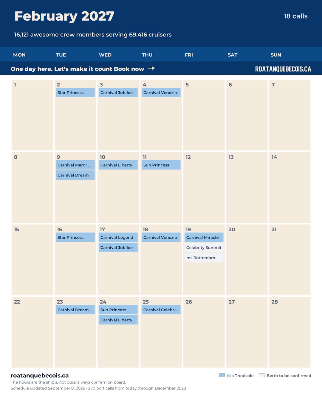 Isla Tropicale (Mahogany Bay) cruise ship calendar for February 2027: every call, ship by ship and berth by berth