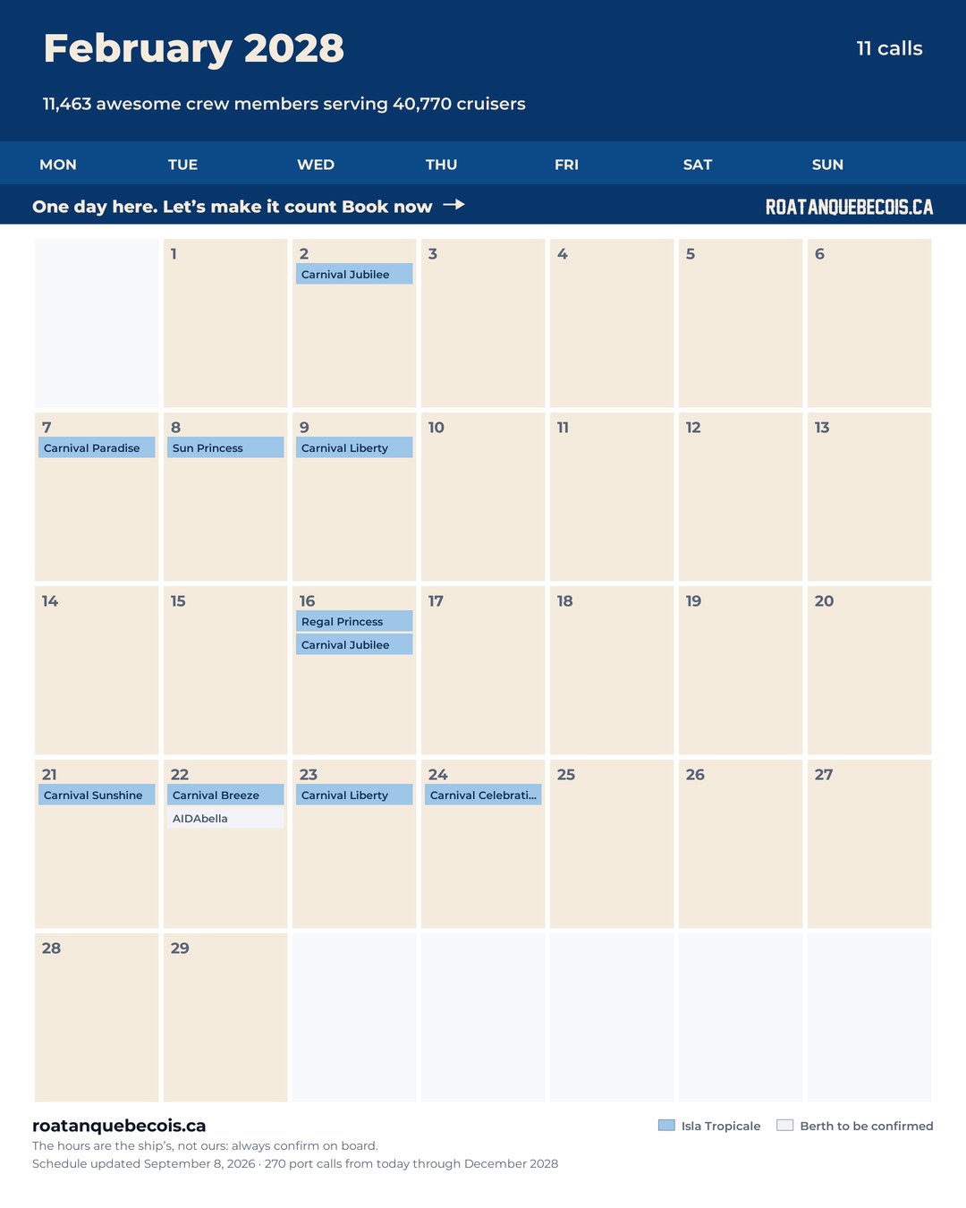 Isla Tropicale (Mahogany Bay) cruise ship calendar for February 2028: every call, ship by ship and berth by berth