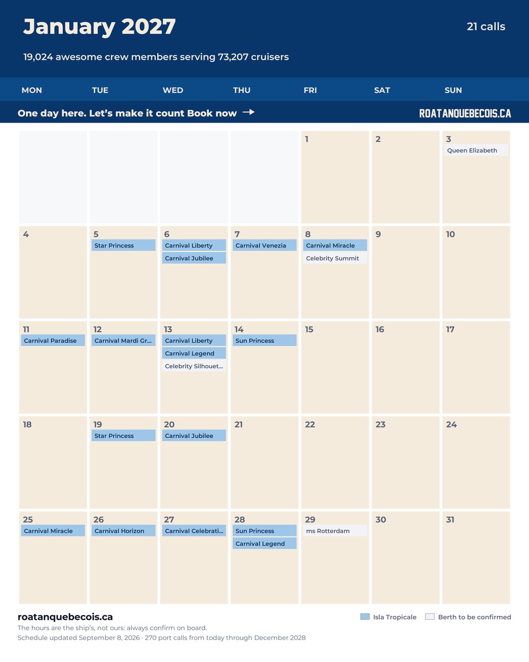 Isla Tropicale (Mahogany Bay) cruise ship calendar for January 2027: every call, ship by ship and berth by berth