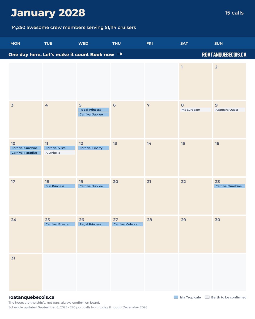 Isla Tropicale (Mahogany Bay) cruise ship calendar for January 2028: every call, ship by ship and berth by berth