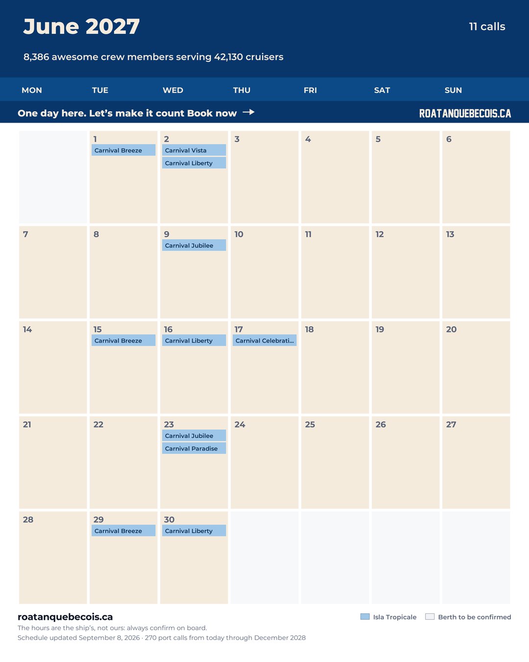 Isla Tropicale (Mahogany Bay) cruise ship calendar for June 2027: every call, ship by ship and berth by berth