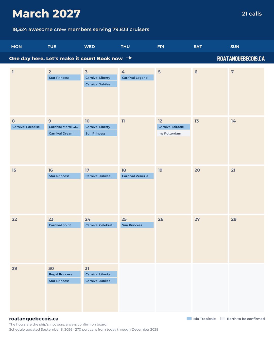 Isla Tropicale (Mahogany Bay) cruise ship calendar for March 2027: every call, ship by ship and berth by berth