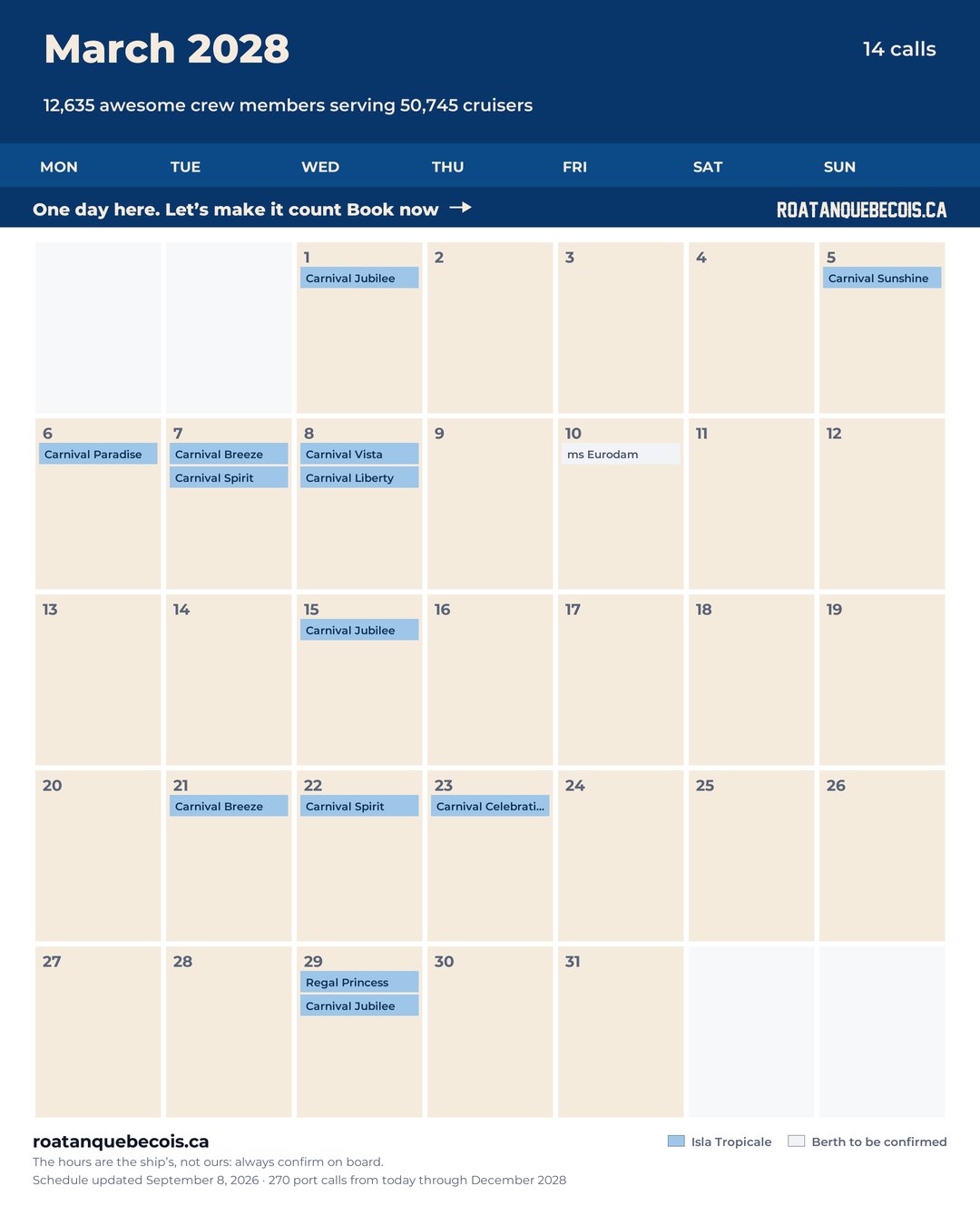 Isla Tropicale (Mahogany Bay) cruise ship calendar for March 2028: every call, ship by ship and berth by berth