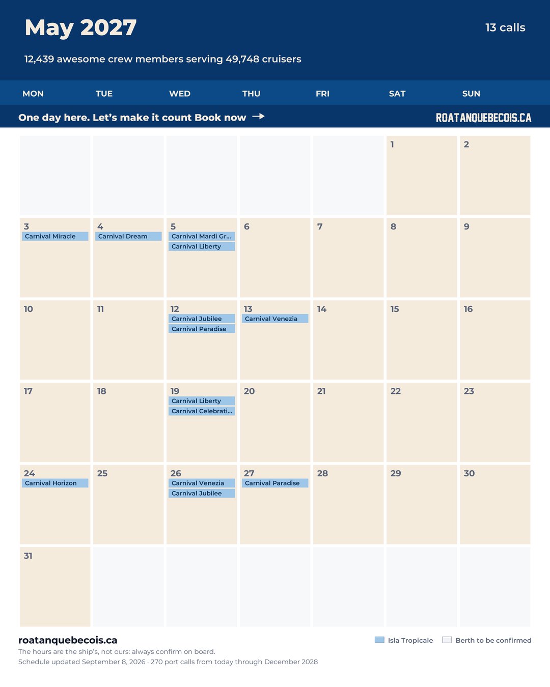 Isla Tropicale (Mahogany Bay) cruise ship calendar for May 2027: every call, ship by ship and berth by berth