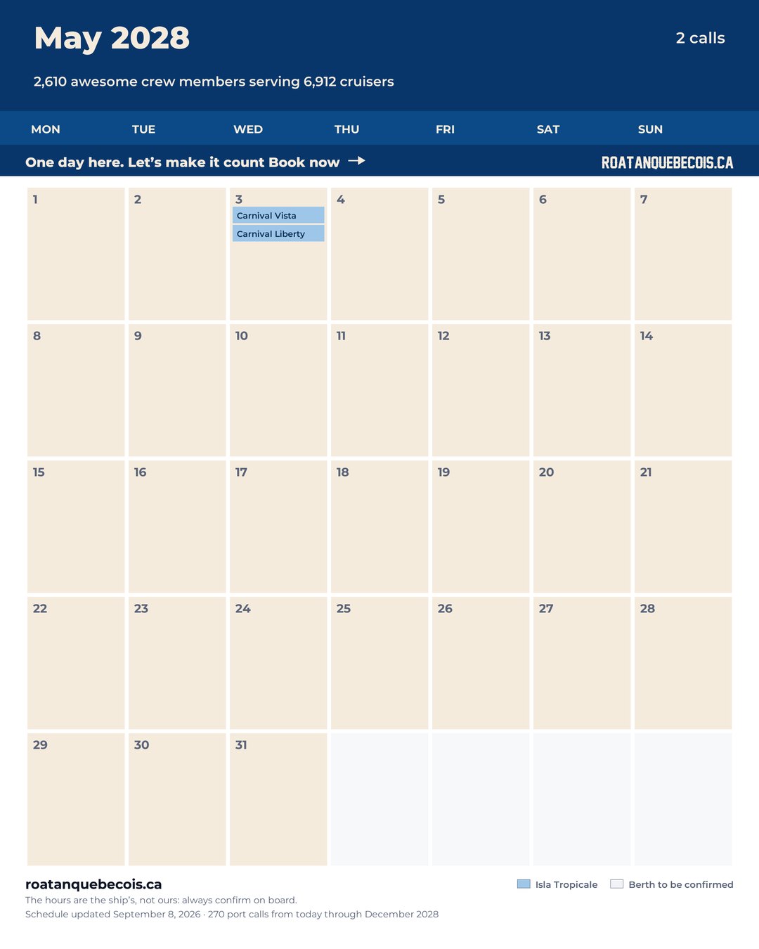 Isla Tropicale (Mahogany Bay) cruise ship calendar for May 2028: every call, ship by ship and berth by berth