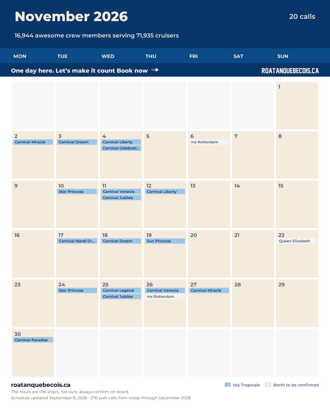 Isla Tropicale (Mahogany Bay) cruise ship calendar for November 2026: every call, ship by ship and berth by berth