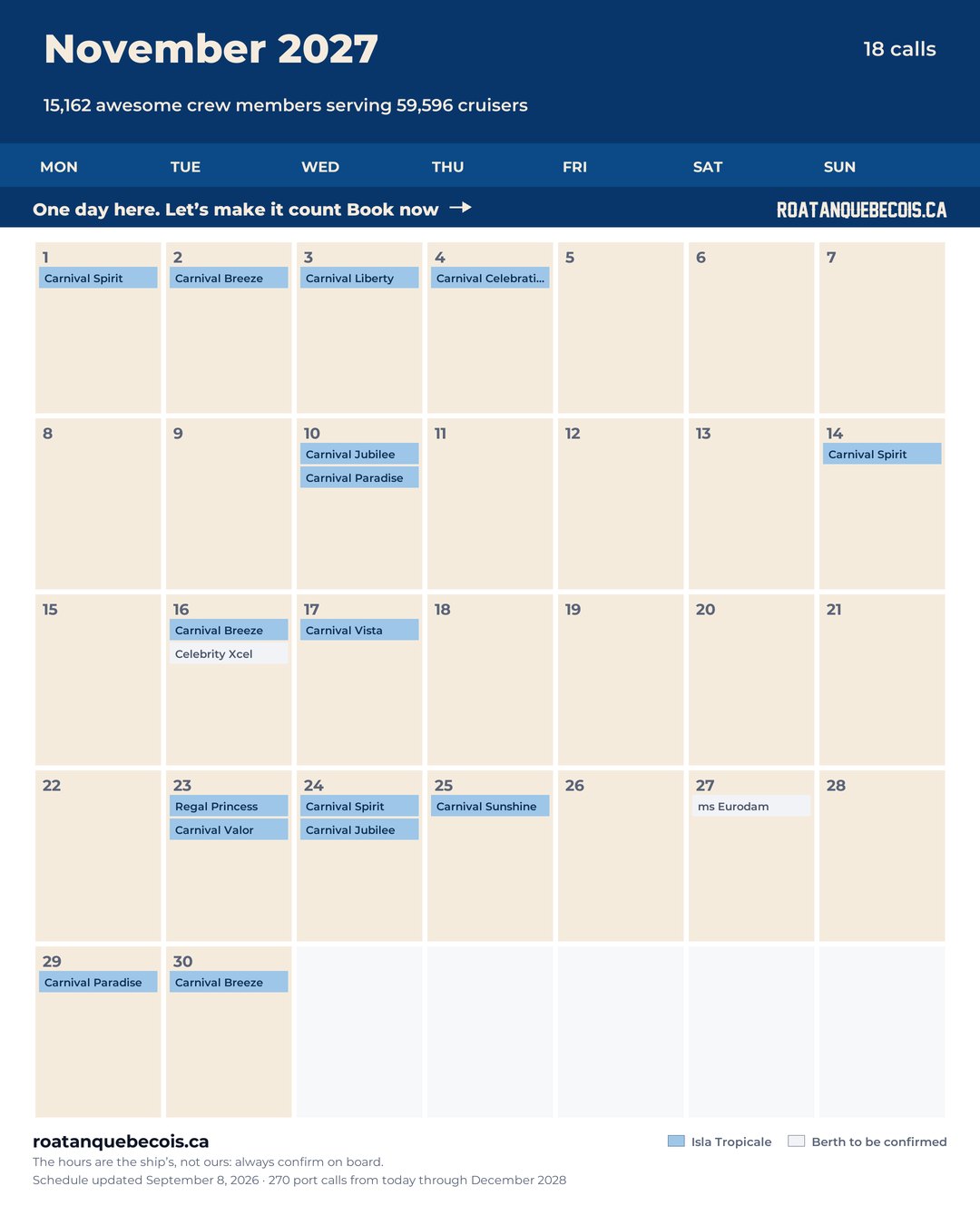 Isla Tropicale (Mahogany Bay) cruise ship calendar for November 2027: every call, ship by ship and berth by berth