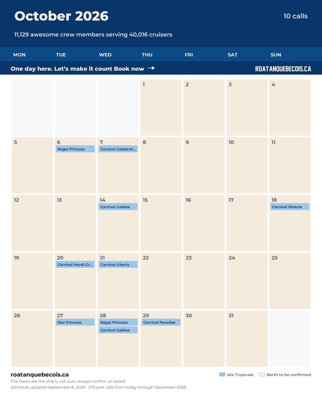 Isla Tropicale (Mahogany Bay) cruise ship calendar for October 2026: every call, ship by ship and berth by berth