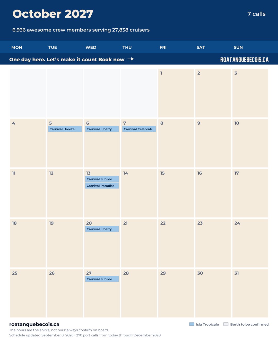 Isla Tropicale (Mahogany Bay) cruise ship calendar for October 2027: every call, ship by ship and berth by berth